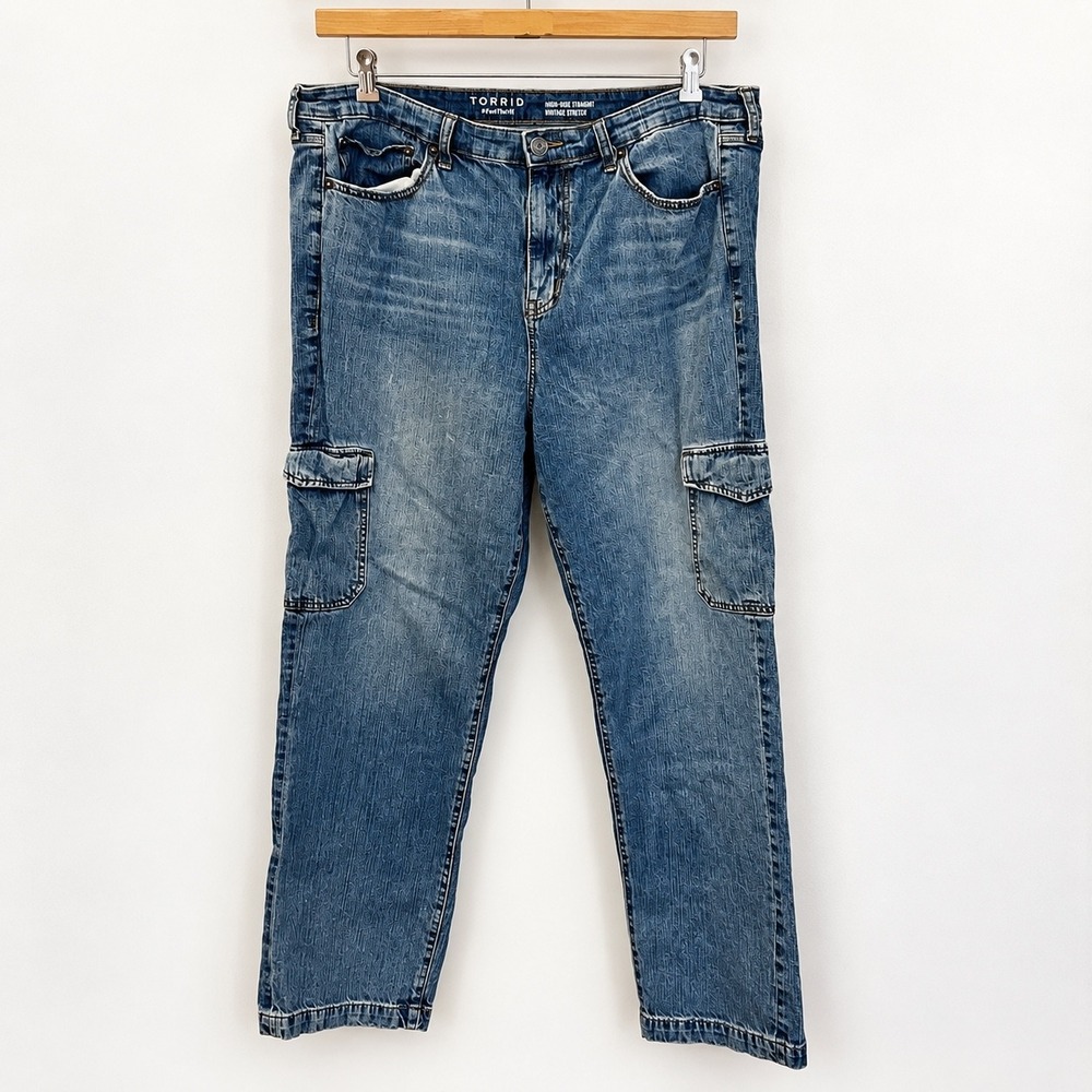 Torrid High Rise Straight Vintage Stretch Cargo Jeans Blue Medium Wash 18R